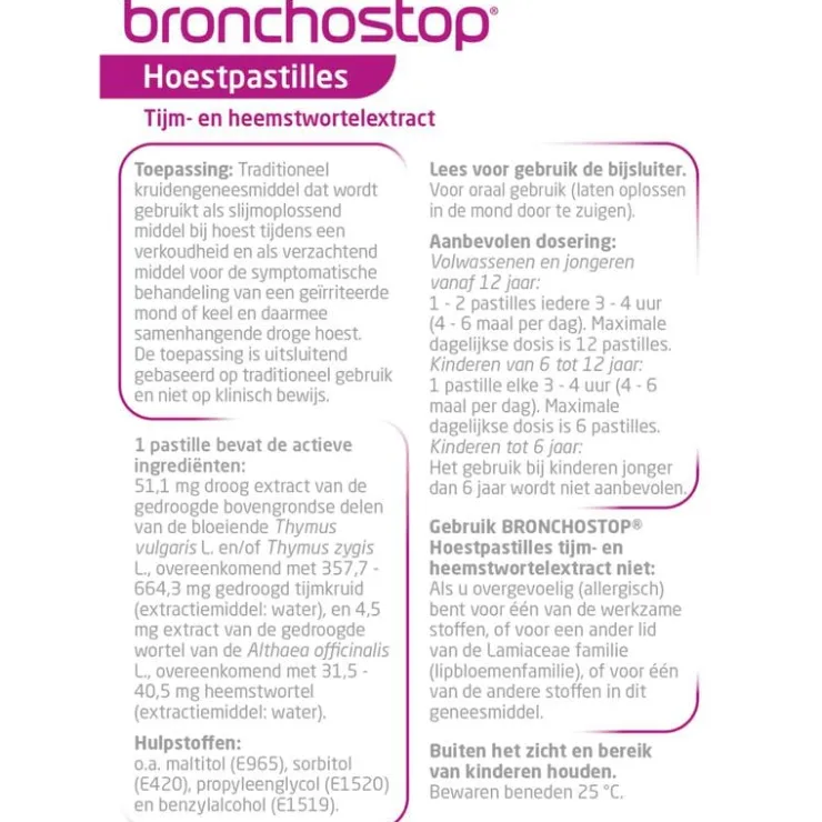 Bronchostop Hoestpastilles bij Vastzittende Hoest of Keelpijn 20 Stuks