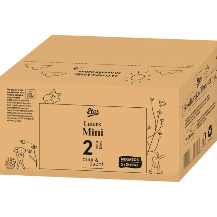 Etos Puur & Zacht Luiers Maat 2 Mini 3-6 kg 102 stuks