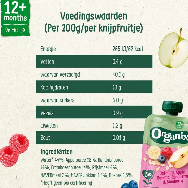 Organix Bio Knijpfruit Havermout, Appel, Banaan, Framboos, Bosbes
